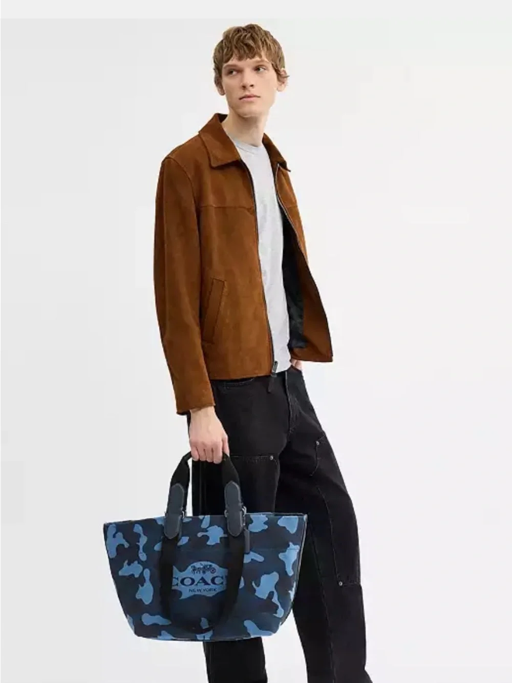 Coach Blue Camo Canvas tour Tote with Black Leather Handles